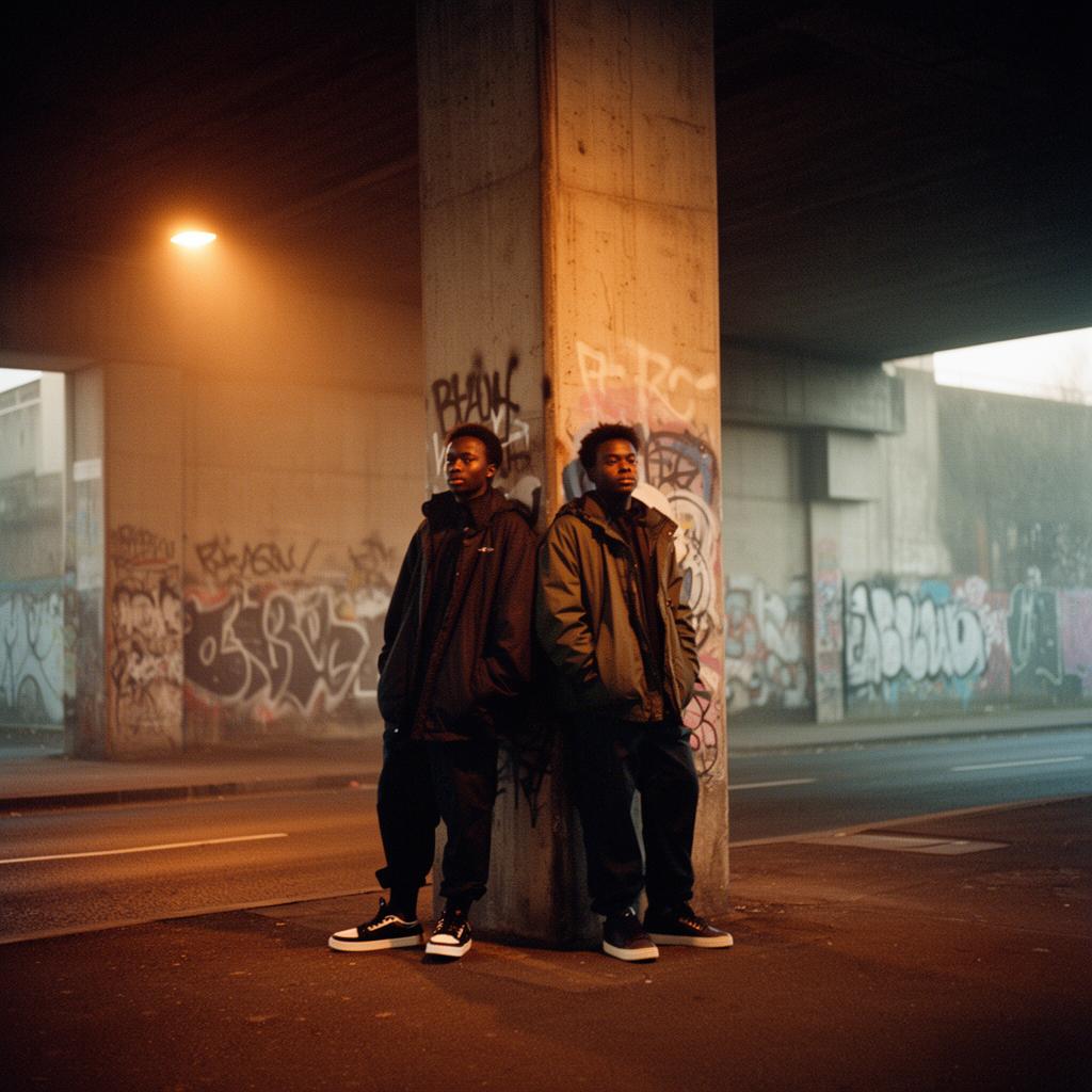 Two friends beneath a graffitied Croydon underpass at dusk