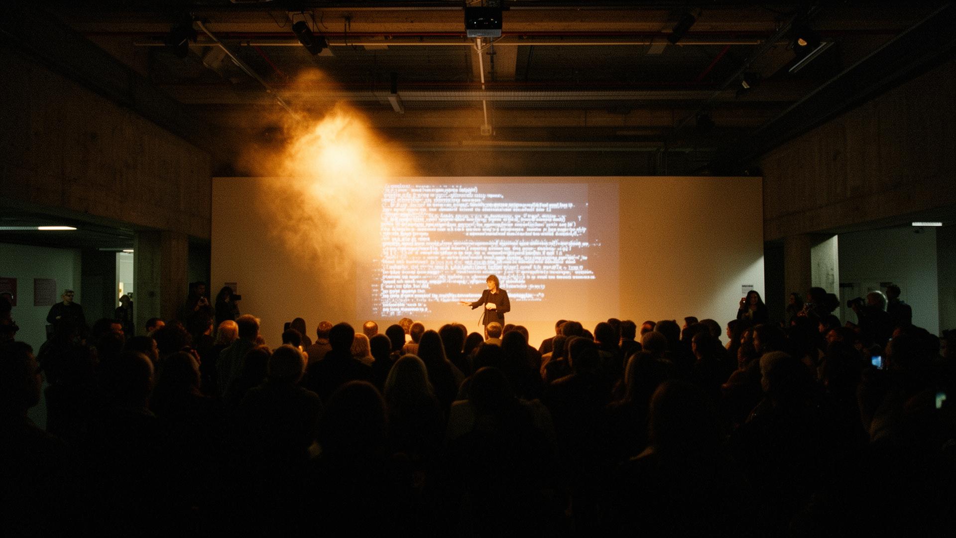 A packed underground gallery talk with projected text