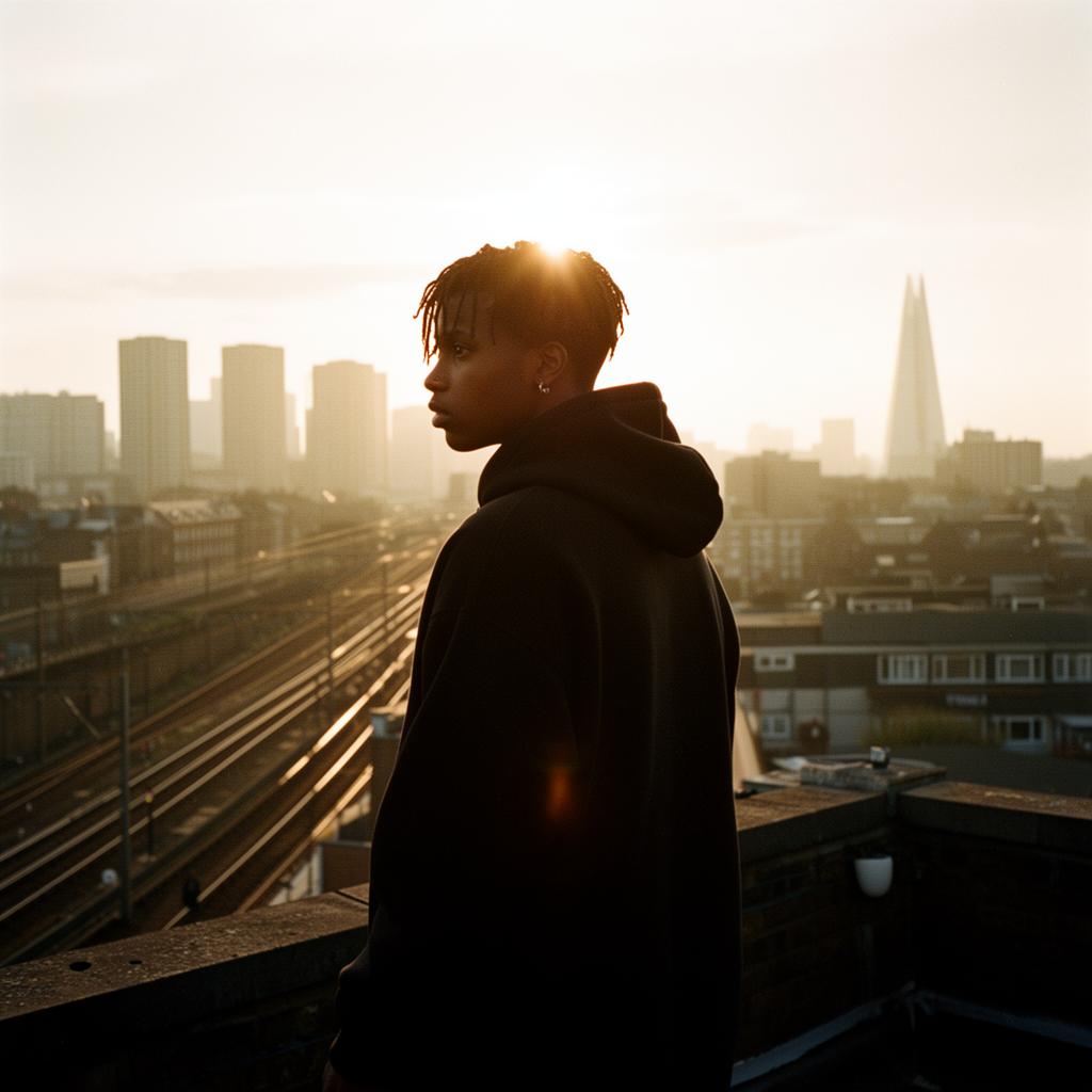 Young South Londoner in a black hoodie on a Croydon rooftop, looking out over the city at golden hour
