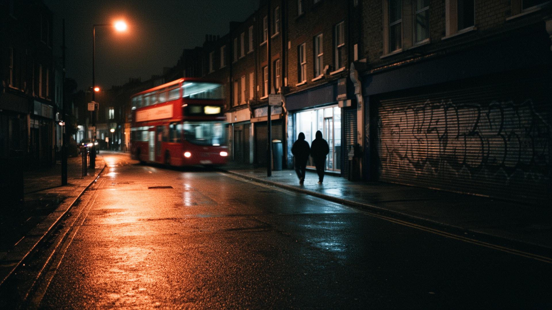 A quiet South London street at night, wet pavement under sodium streetlight, a red bus passing in the distance