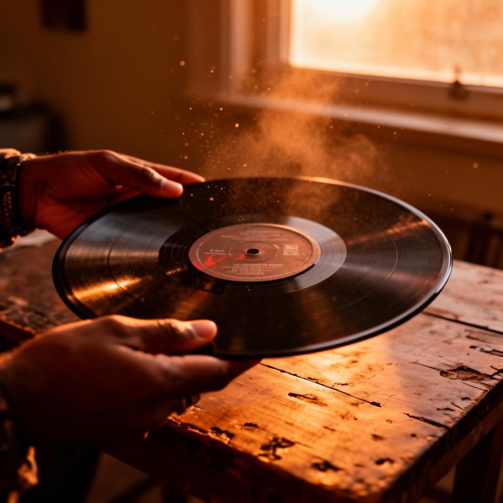 Hands holding a vinyl record in warm sunset dust